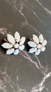 Vintage Milk Glass Flower Clip On Earrings White Opal Navette Blossom 7/8"